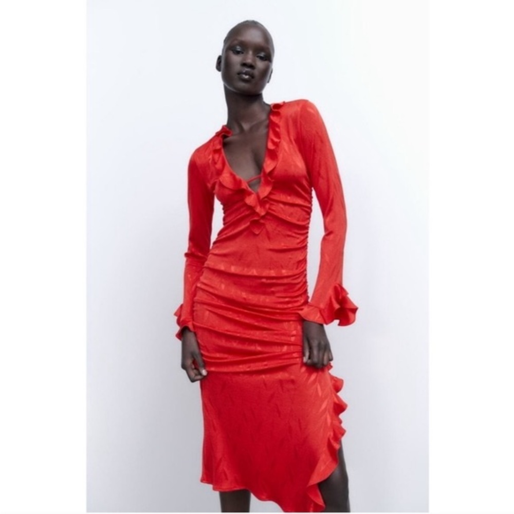Zara Red Jacquard Long Sleeve Ruffled Plunging Thigh Slit Women Dress medium